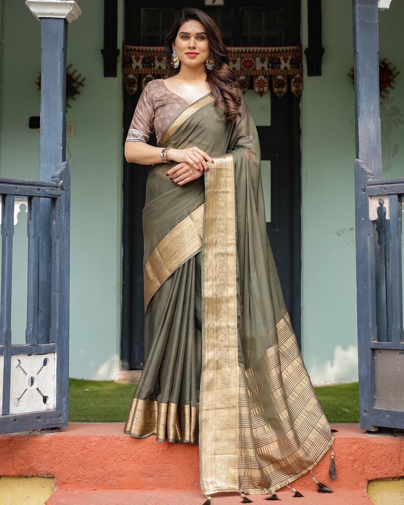 Elegant Olive Green Plain Chiffon Saree with Gold Zari Border, Floral Printed Blouse & Tassel Detailing