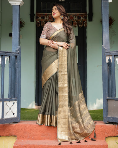 Elegant Olive Green Plain Chiffon Saree with Gold Zari Border, Floral Printed Blouse & Tassel Detailing