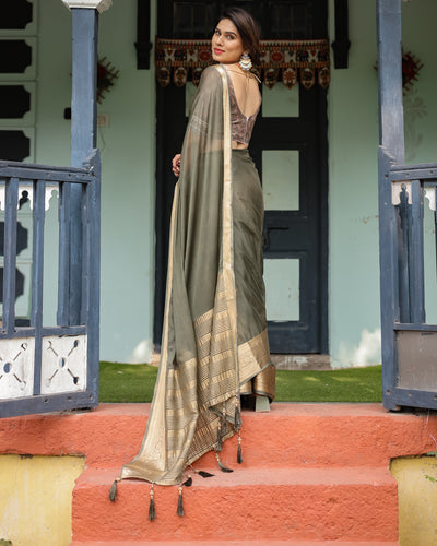 Elegant Olive Green Plain Chiffon Saree with Gold Zari Border, Floral Printed Blouse & Tassel Detailing