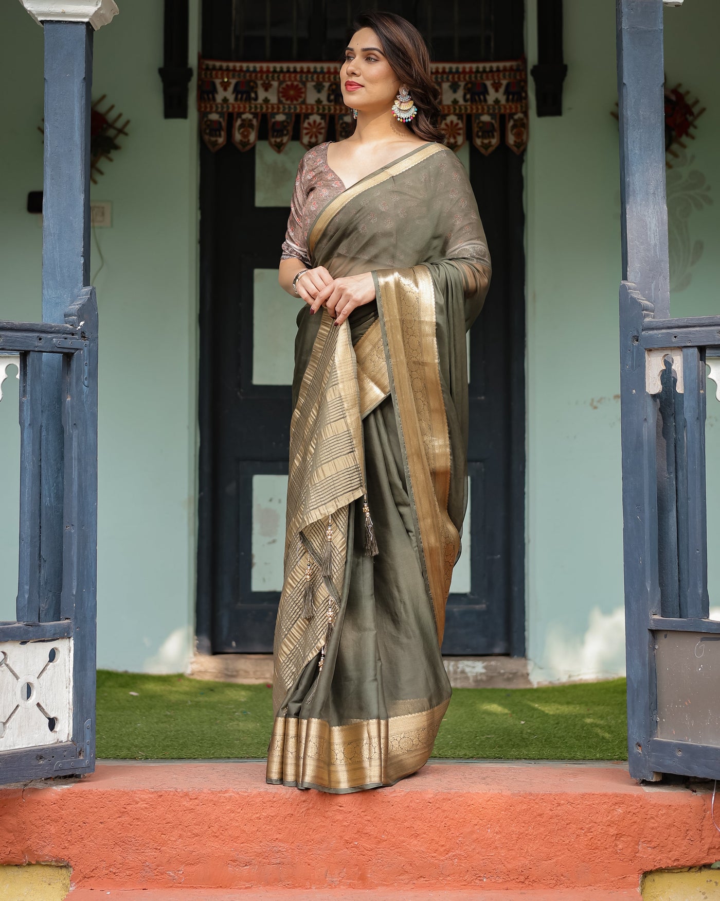 Elegant Olive Green Plain Chiffon Saree with Gold Zari Border, Floral Printed Blouse & Tassel Detailing