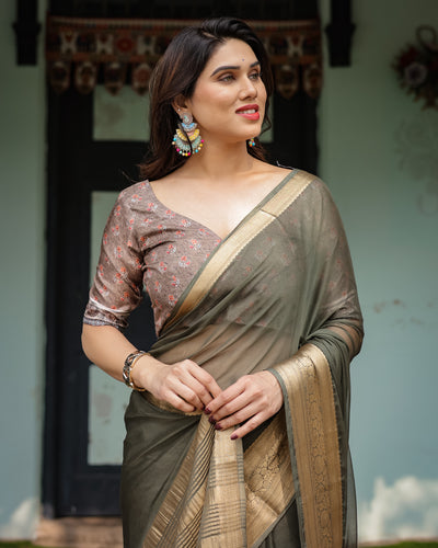 Elegant Olive Green Plain Chiffon Saree with Gold Zari Border, Floral Printed Blouse & Tassel Detailing