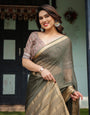 Elegant Olive Green Plain Chiffon Saree with Gold Zari Border, Floral Printed Blouse & Tassel Detailing