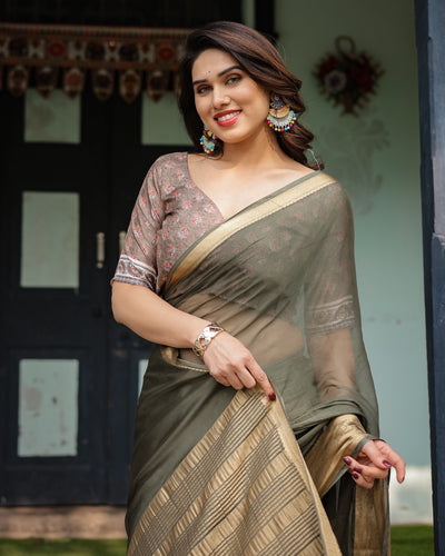 Elegant Olive Green Plain Chiffon Saree with Gold Zari Border, Floral Printed Blouse & Tassel Detailing