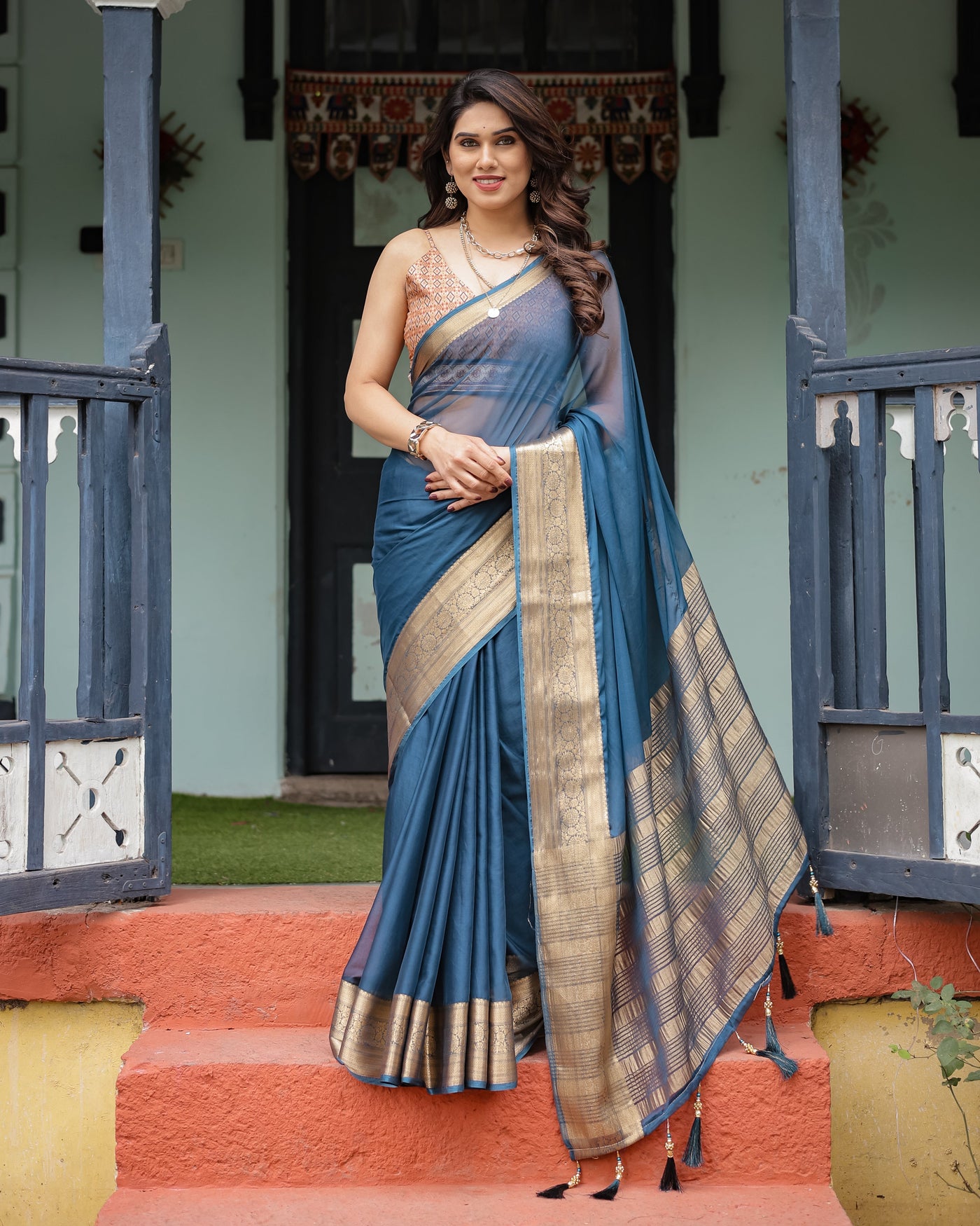 Teal Blue Plain Chiffon Saree with Gold Zari Border, Geometric Printed Blouse & Tassel Detailing