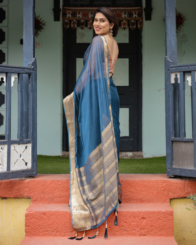 Teal Blue Plain Chiffon Saree with Gold Zari Border, Geometric Printed Blouse & Tassel Detailing