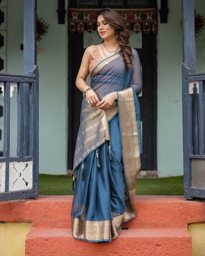 Teal Blue Plain Chiffon Saree with Gold Zari Border, Geometric Printed Blouse & Tassel Detailing