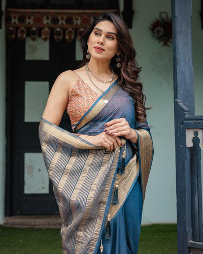 Teal Blue Plain Chiffon Saree with Gold Zari Border, Geometric Printed Blouse & Tassel Detailing