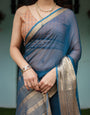 Teal Blue Plain Chiffon Saree with Gold Zari Border, Geometric Printed Blouse & Tassel Detailing