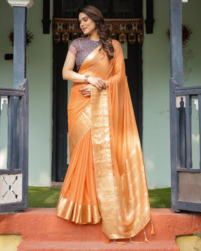 Elegant Tangerine Orange Plain Chiffon Saree with Gold Zari Border, Geometric Printed Blouse & Tassel Detailing