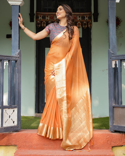 Elegant Tangerine Orange Plain Chiffon Saree with Gold Zari Border, Geometric Printed Blouse & Tassel Detailing