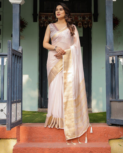 Ethereal Off-White Plain Chiffon Saree with Gold Zari Border, Intricate Floral Printed Blouse & Tassel Detailing