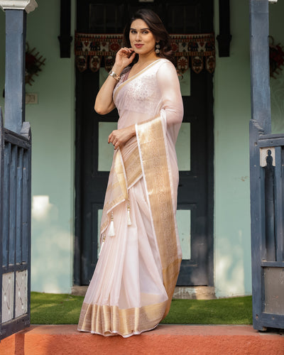 Ethereal Off-White Plain Chiffon Saree with Gold Zari Border, Intricate Floral Printed Blouse & Tassel Detailing