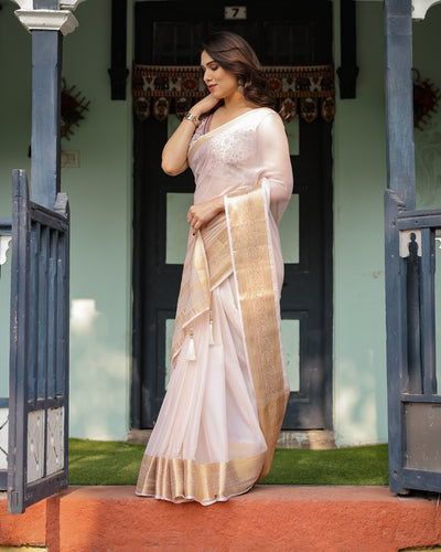 Ethereal Off-White Plain Chiffon Saree with Gold Zari Border, Intricate Floral Printed Blouse & Tassel Detailing