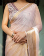 Ethereal Off-White Plain Chiffon Saree with Gold Zari Border, Intricate Floral Printed Blouse & Tassel Detailing