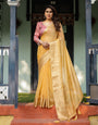 Radiant Mustard Yellow Plain Chiffon Saree with Gold Zari Border, Printed Designer Blouse & Tassel Detailing