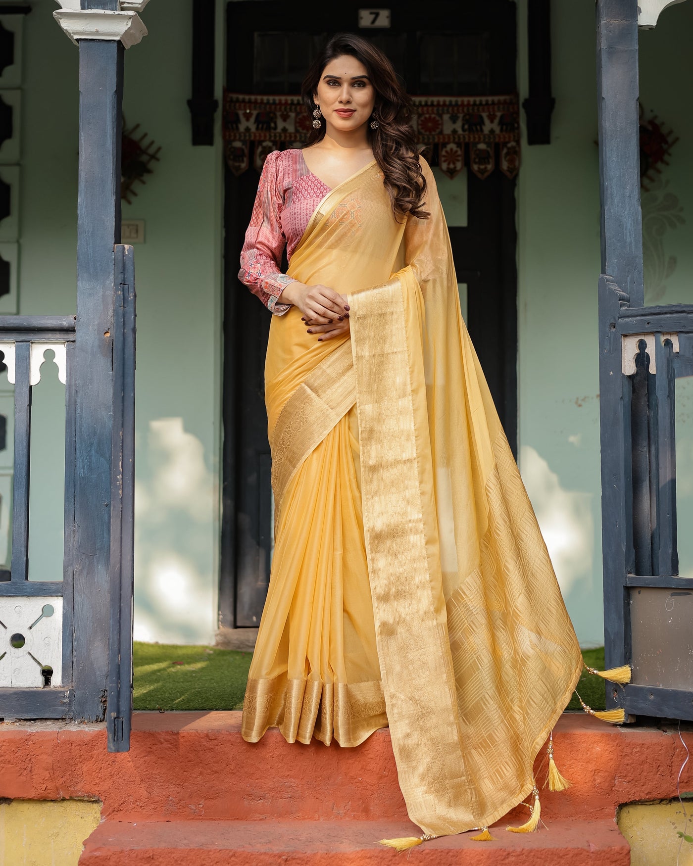 Radiant Mustard Yellow Plain Chiffon Saree with Gold Zari Border, Printed Designer Blouse & Tassel Detailing