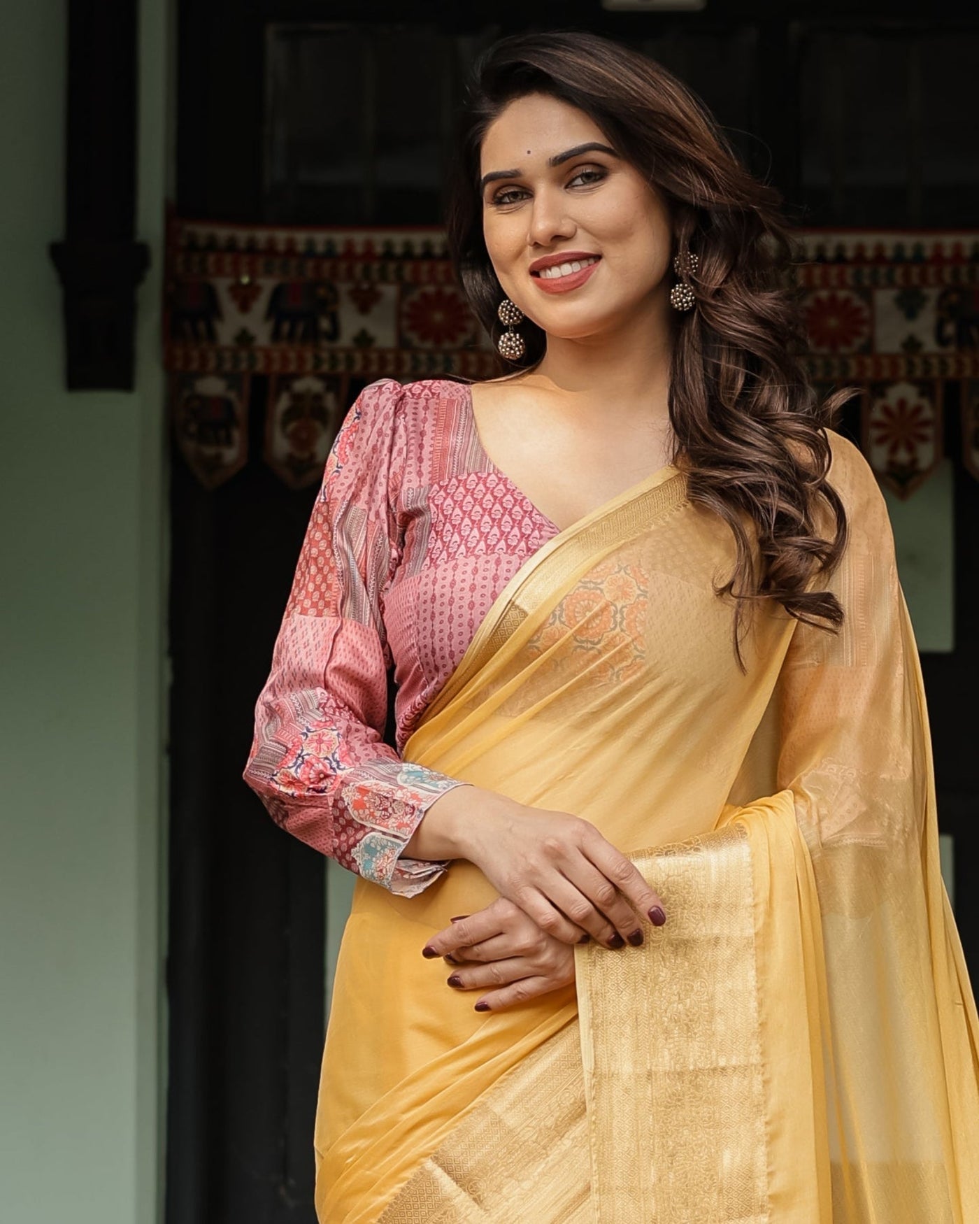 Radiant Mustard Yellow Plain Chiffon Saree with Gold Zari Border, Printed Designer Blouse & Tassel Detailing