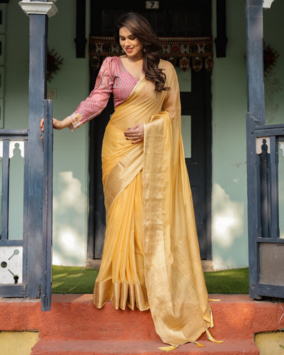 Radiant Mustard Yellow Plain Chiffon Saree with Gold Zari Border, Printed Designer Blouse & Tassel Detailing