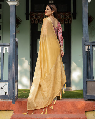 Radiant Mustard Yellow Plain Chiffon Saree with Gold Zari Border, Printed Designer Blouse & Tassel Detailing