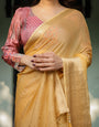 Radiant Mustard Yellow Plain Chiffon Saree with Gold Zari Border, Printed Designer Blouse & Tassel Detailing