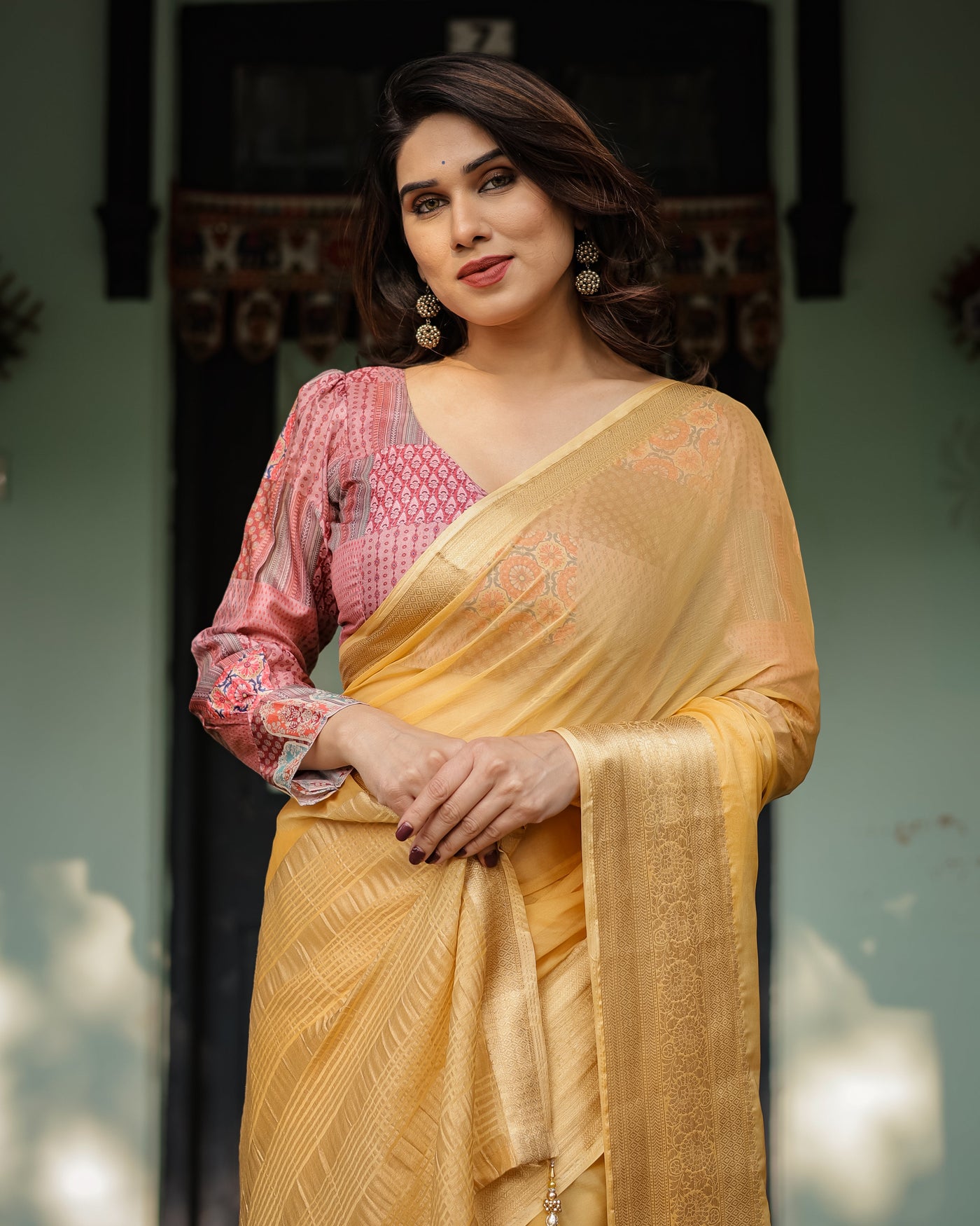 Radiant Mustard Yellow Plain Chiffon Saree with Gold Zari Border, Printed Designer Blouse & Tassel Detailing