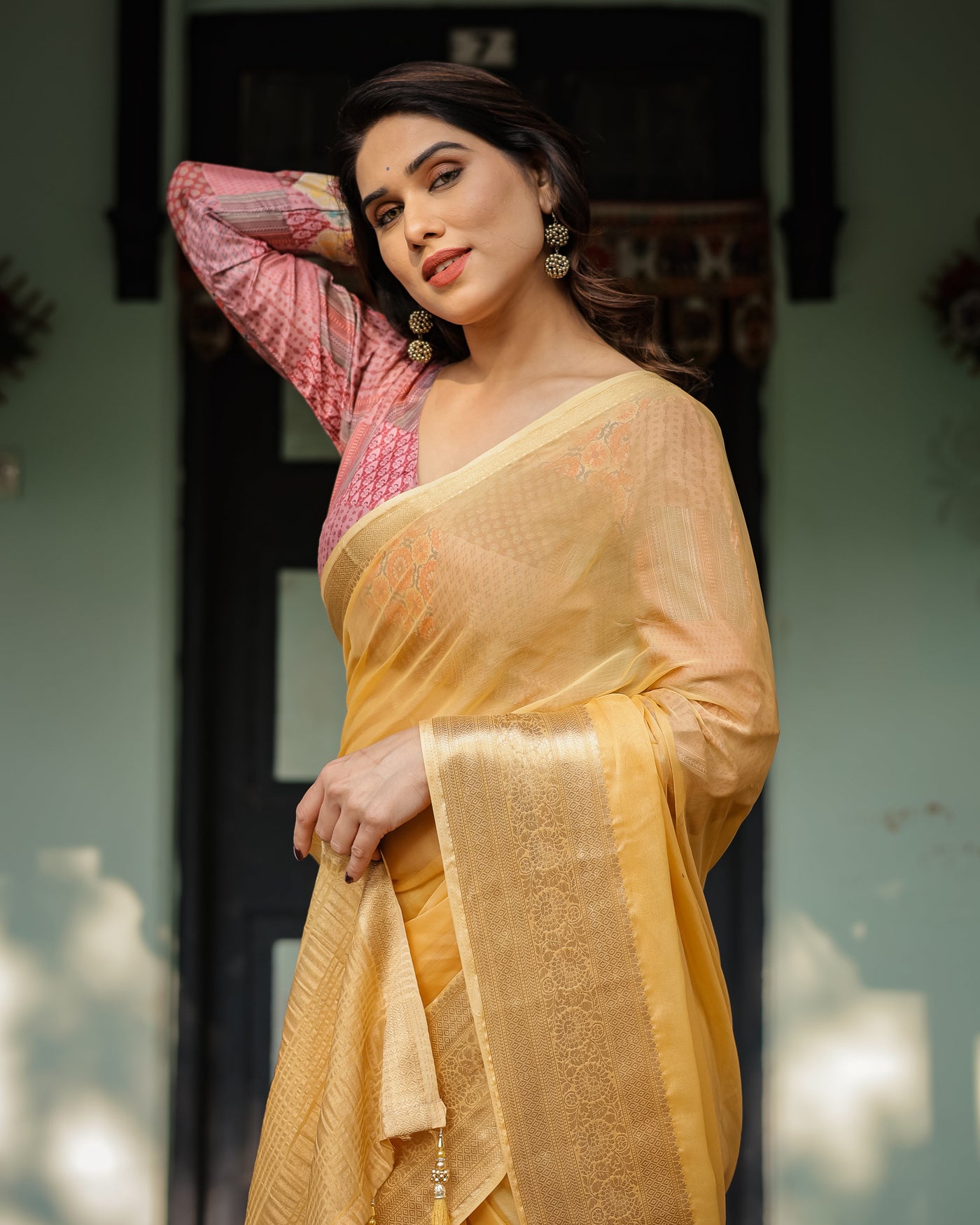 Radiant Mustard Yellow Plain Chiffon Saree with Gold Zari Border, Printed Designer Blouse & Tassel Detailing