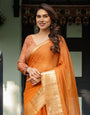 Sunset Orange Plain Chiffon Saree with Gold Zari Border, Floral Embroidered Blouse & Tassel Detailing