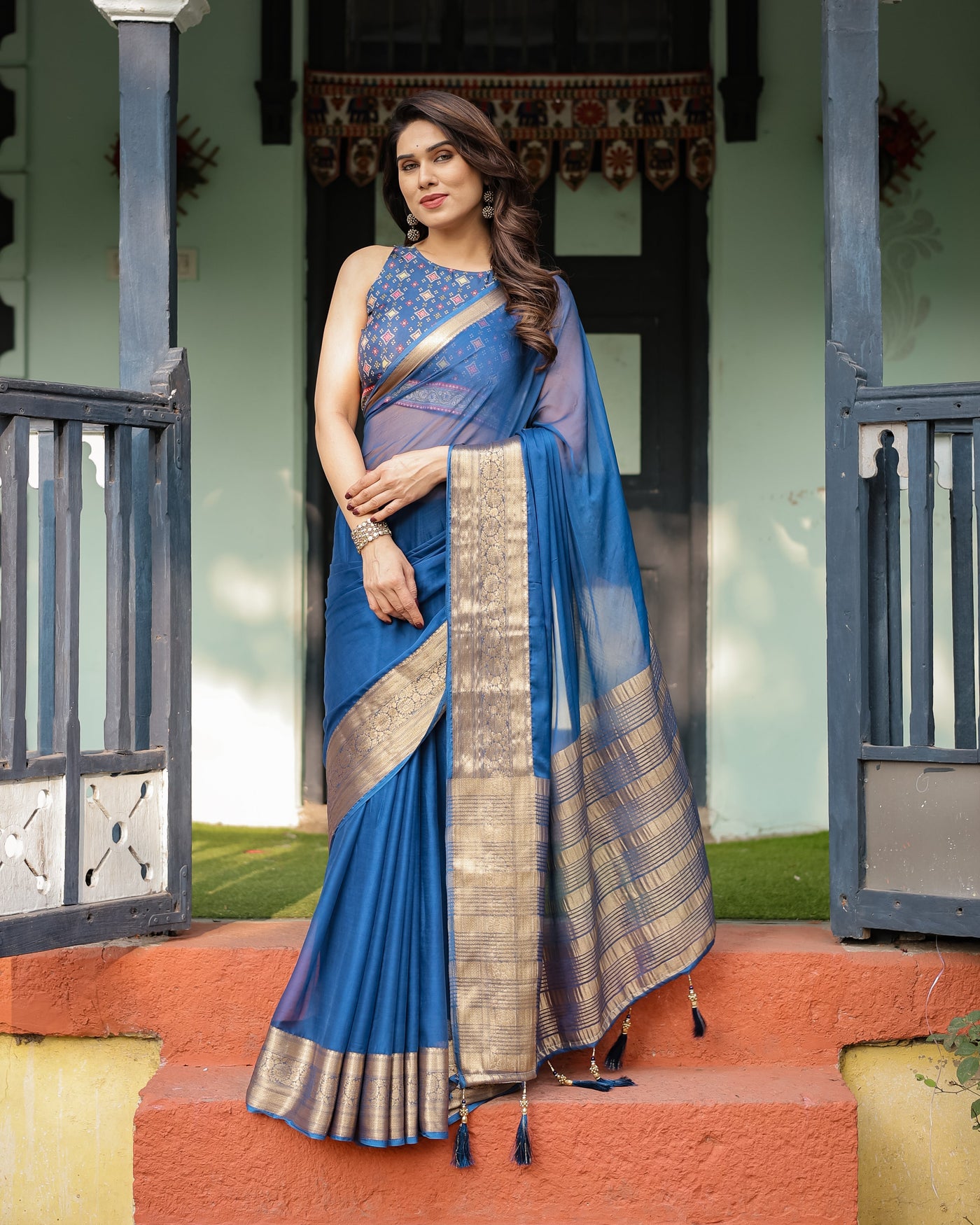 Royal Blue Plain Chiffon Saree with Gold Zari Border, Geometric Printed Blouse & Tassel Detailing