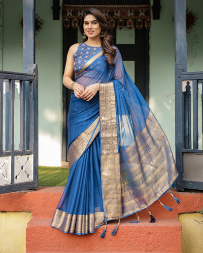 Royal Blue Plain Chiffon Saree with Gold Zari Border, Geometric Printed Blouse & Tassel Detailing