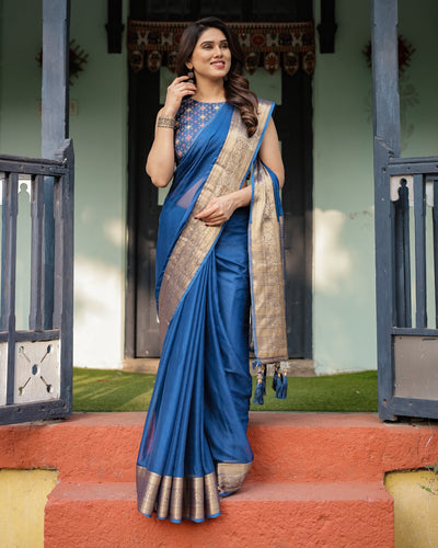 Royal Blue Plain Chiffon Saree with Gold Zari Border, Geometric Printed Blouse & Tassel Detailing