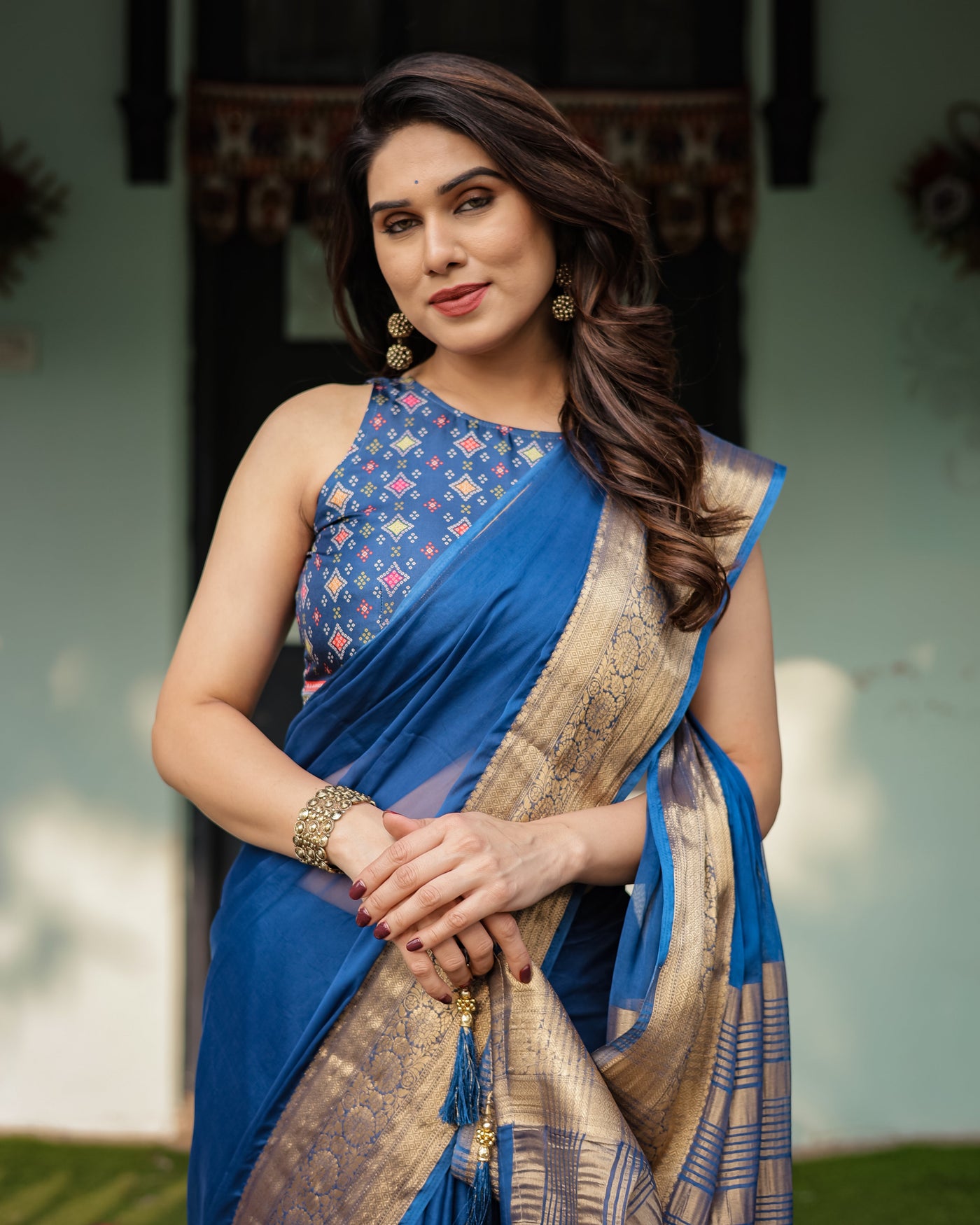 Royal Blue Plain Chiffon Saree with Gold Zari Border, Geometric Printed Blouse & Tassel Detailing