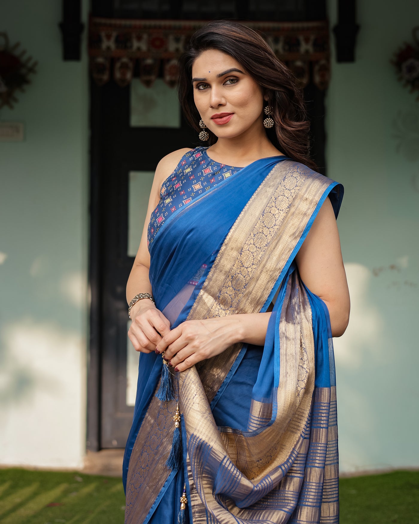 Royal Blue Plain Chiffon Saree with Gold Zari Border, Geometric Printed Blouse & Tassel Detailing