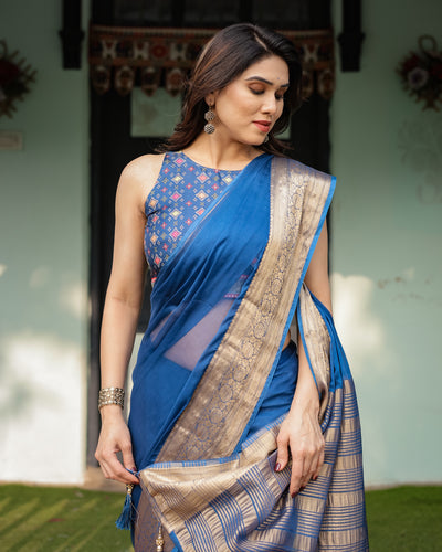 Royal Blue Plain Chiffon Saree with Gold Zari Border, Geometric Printed Blouse & Tassel Detailing