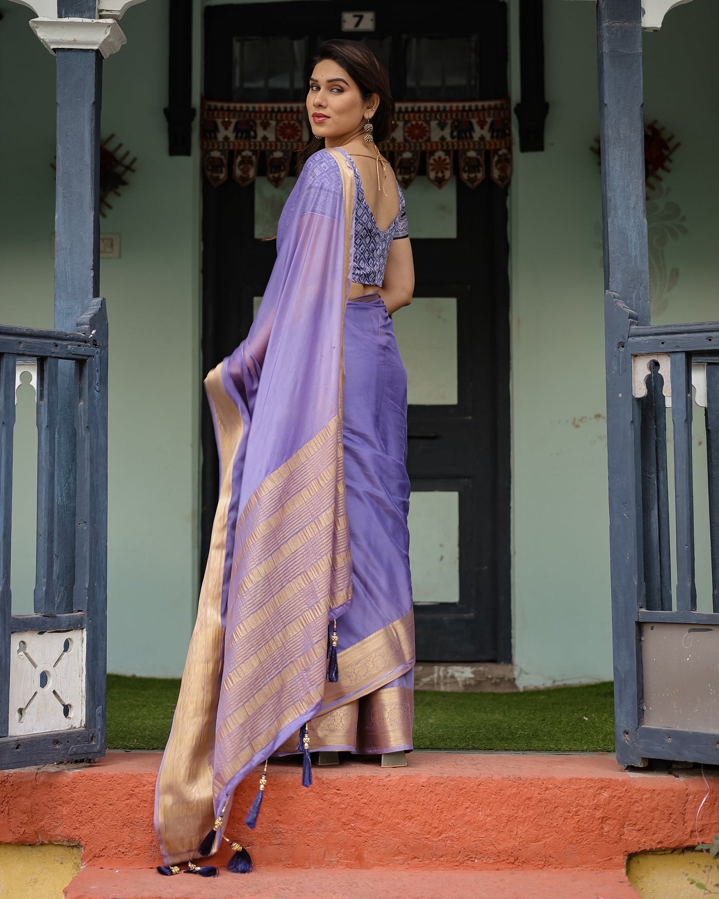 Lavender Plain Chiffon Saree with Gold Zari Border, Geometric Printed Blouse & Tassel Detailing