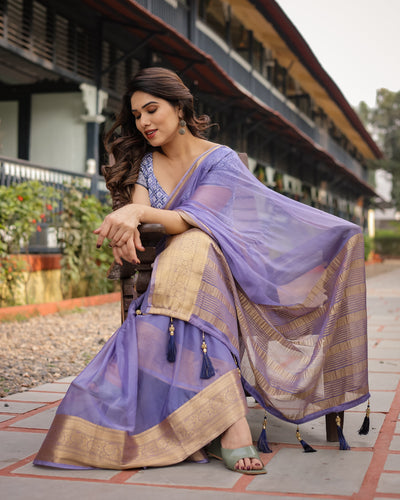 Lavender Plain Chiffon Saree with Gold Zari Border, Geometric Printed Blouse & Tassel Detailing