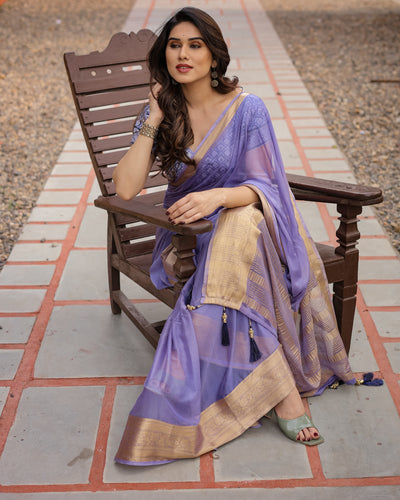 Lavender Plain Chiffon Saree with Gold Zari Border, Geometric Printed Blouse & Tassel Detailing