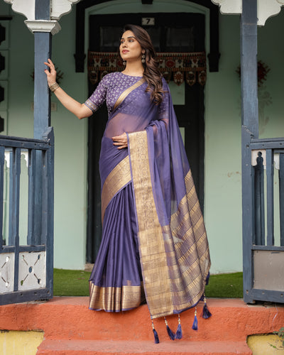 Deep Violet Plain Chiffon Saree with Gold Zari Border, Floral Printed Blouse & Tassel Detailing