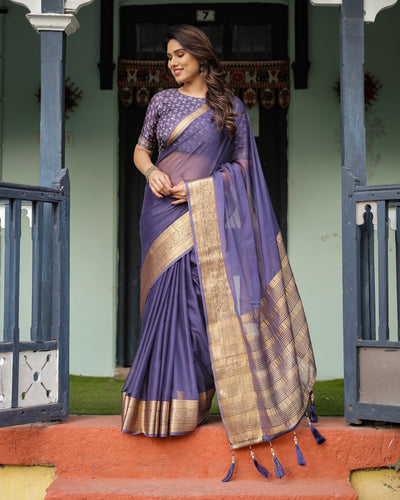 Deep Violet Plain Chiffon Saree with Gold Zari Border, Floral Printed Blouse & Tassel Detailing