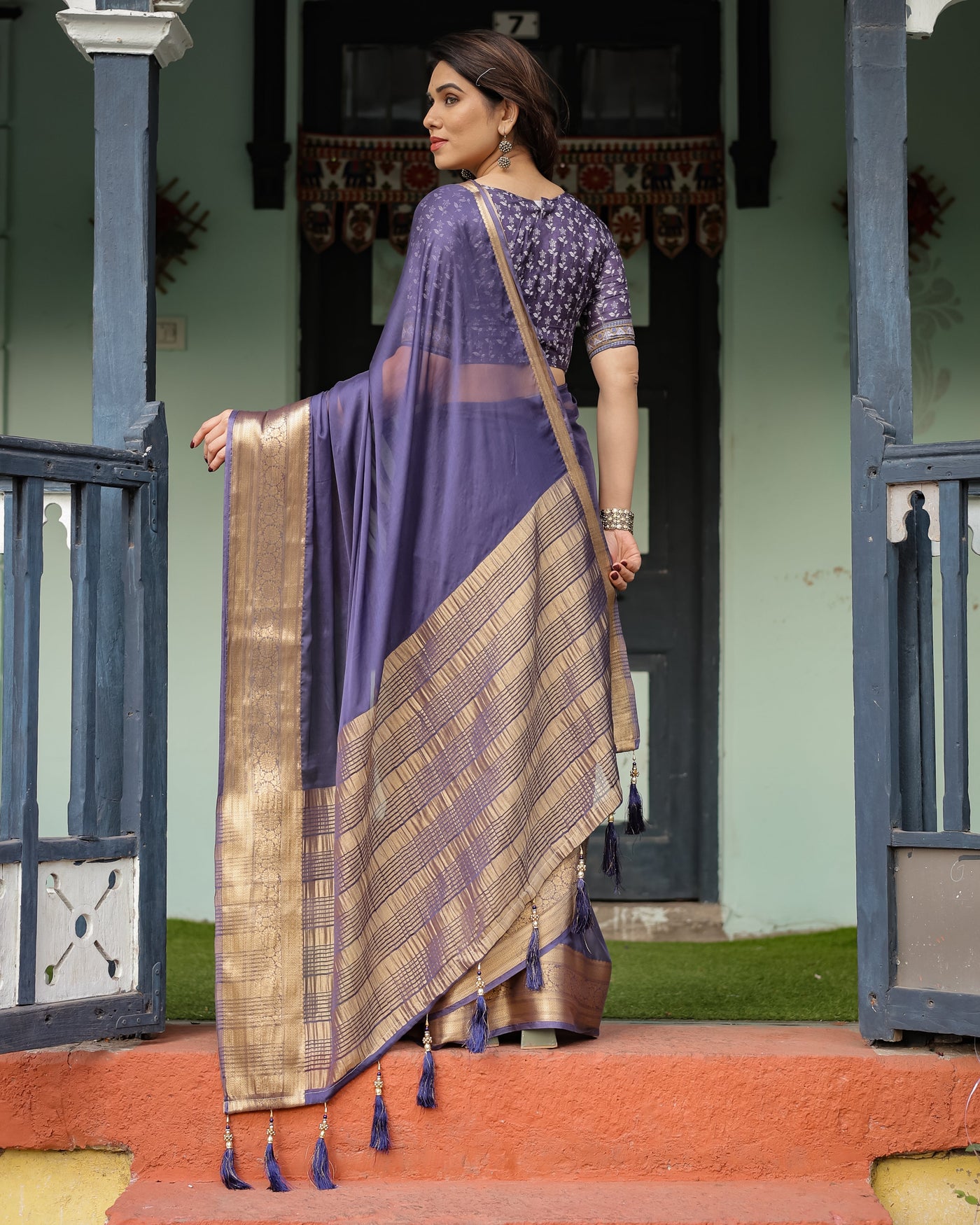 Deep Violet Plain Chiffon Saree with Gold Zari Border, Floral Printed Blouse & Tassel Detailing