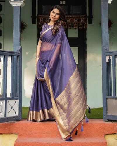 Deep Violet Plain Chiffon Saree with Gold Zari Border, Floral Printed Blouse & Tassel Detailing