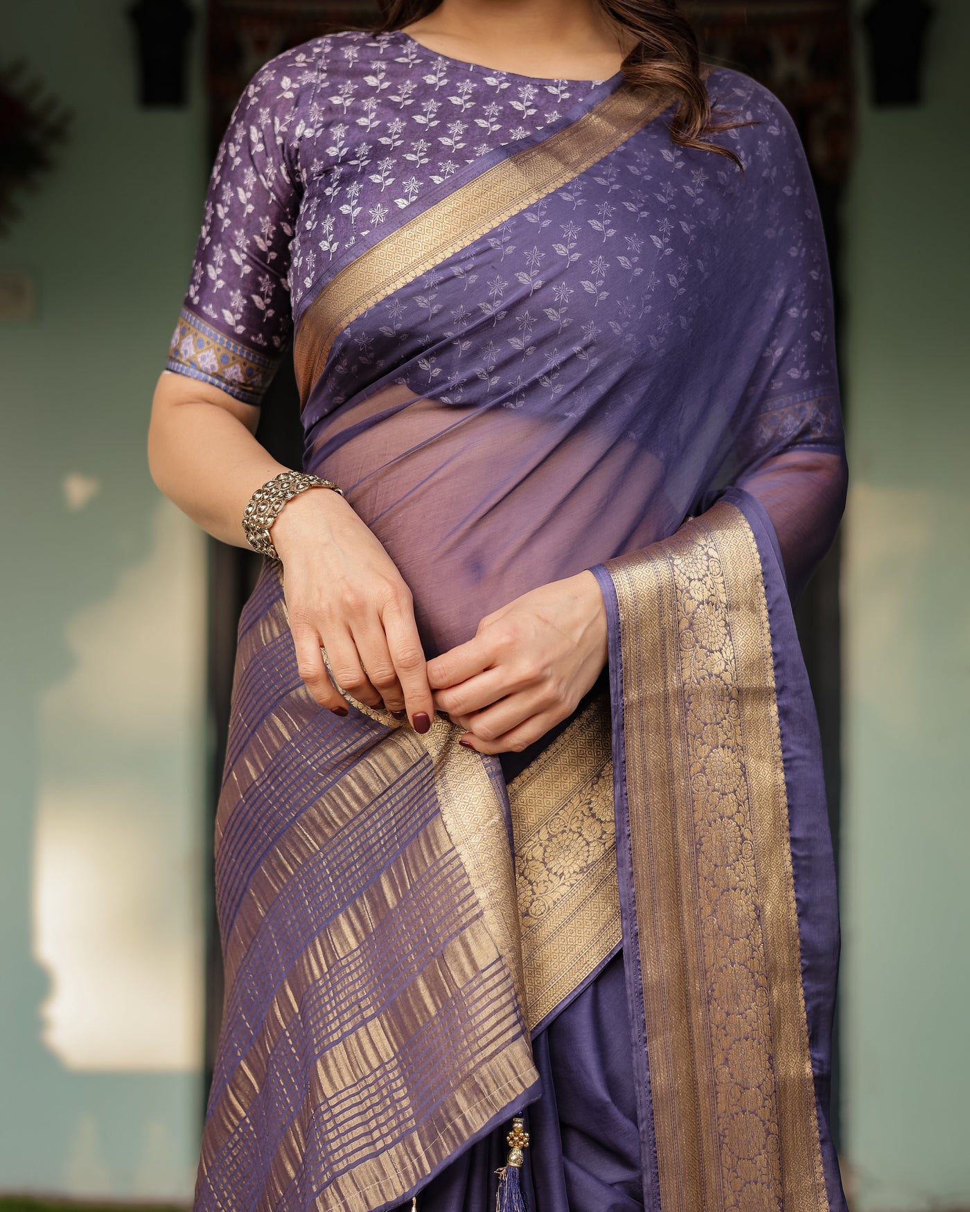 Deep Violet Plain Chiffon Saree with Gold Zari Border, Floral Printed Blouse & Tassel Detailing