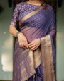 Deep Violet Plain Chiffon Saree with Gold Zari Border, Floral Printed Blouse & Tassel Detailing