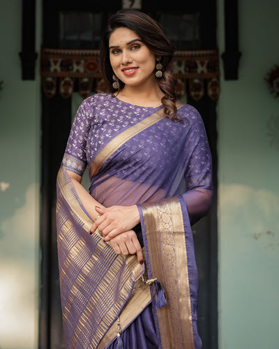 Deep Violet Plain Chiffon Saree with Gold Zari Border, Floral Printed Blouse & Tassel Detailing