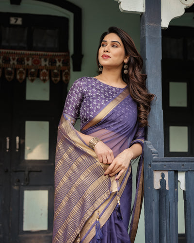 Deep Violet Plain Chiffon Saree with Gold Zari Border, Floral Printed Blouse & Tassel Detailing