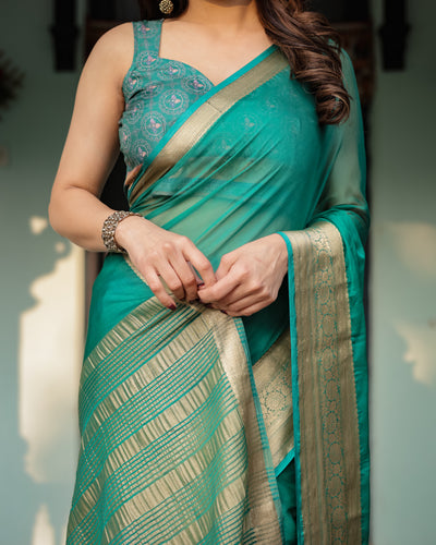 Elegant Sea Green Plain Chiffon Saree with Gold Zari Border, Paisley Printed Blouse & Tassel Detailing