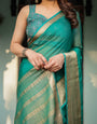 Elegant Sea Green Plain Chiffon Saree with Gold Zari Border, Paisley Printed Blouse & Tassel Detailing