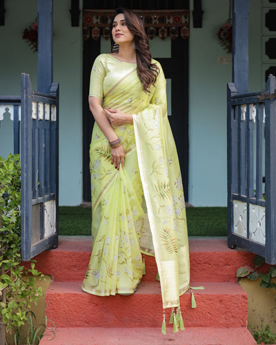 Lime Yellow Pastel Floral Print Premium Organza Saree with Zari Weave, and Tassel Details