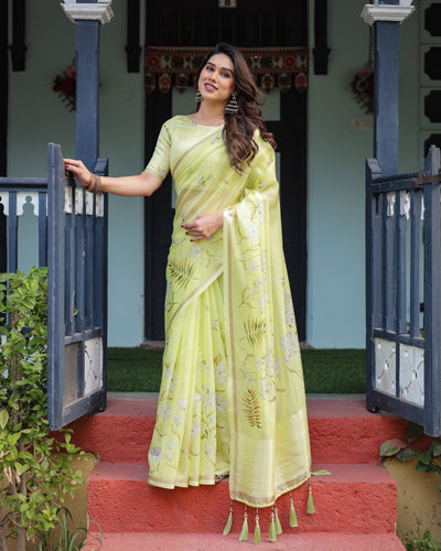 Lime Yellow Pastel Floral Print Premium Organza Saree with Zari Weave, and Tassel Details