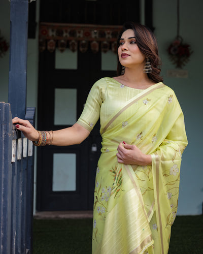 Lime Yellow Pastel Floral Print Premium Organza Saree with Zari Weave, and Tassel Details