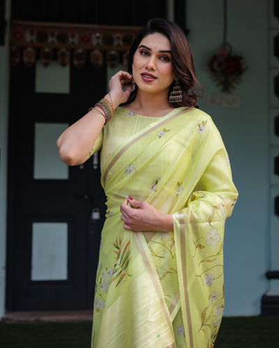 Lime Yellow Pastel Floral Print Premium Organza Saree with Zari Weave, and Tassel Details